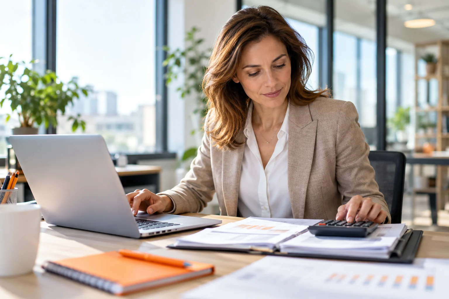Administrateur werkt met laptop en calculator