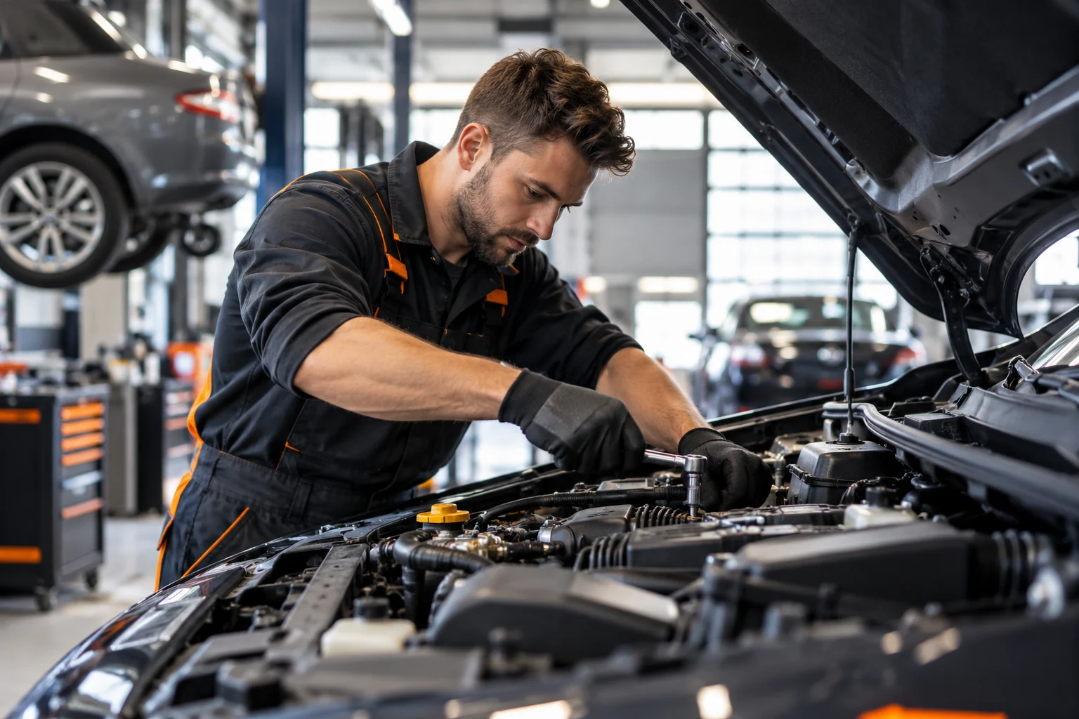 Monteur werkt aan een auto in de werkplaats